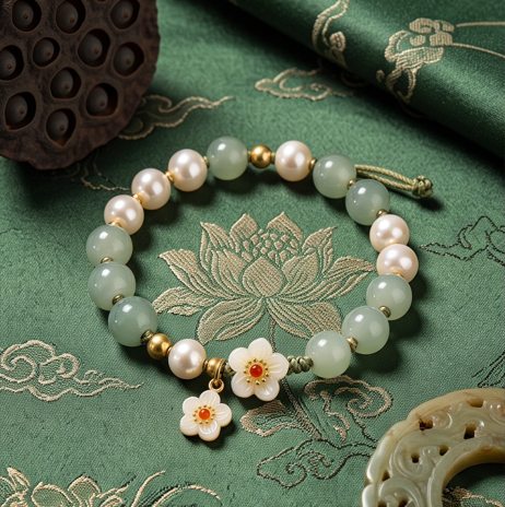 Light Green Stone and Pearl Floral Charm Adjustable Bracelet