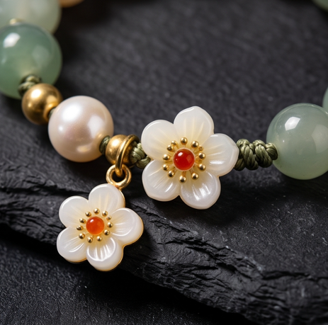 Light Green Stone and Pearl Floral Charm Adjustable Bracelet