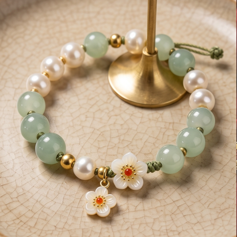 Light Green Stone and Pearl Floral Charm Adjustable Bracelet