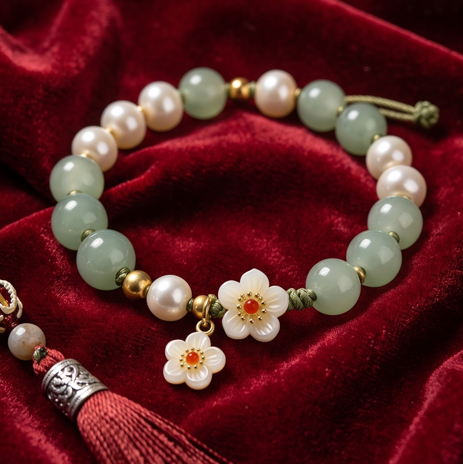 Light Green Stone and Pearl Floral Charm Adjustable Bracelet