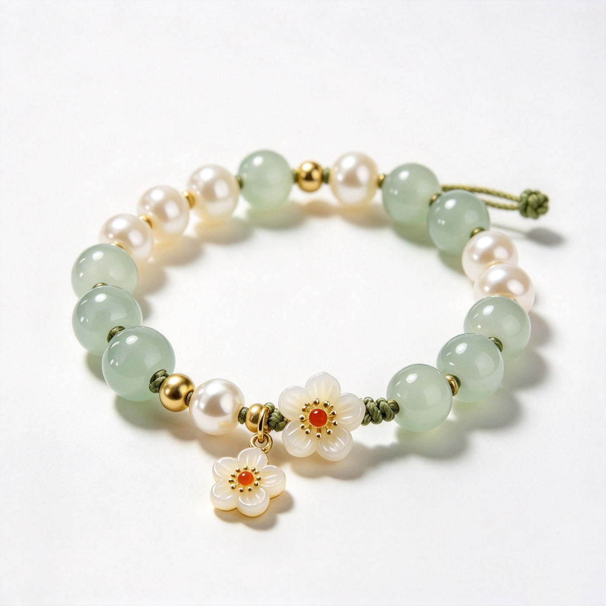 Light Green Stone and Pearl Floral Charm Adjustable Bracelet