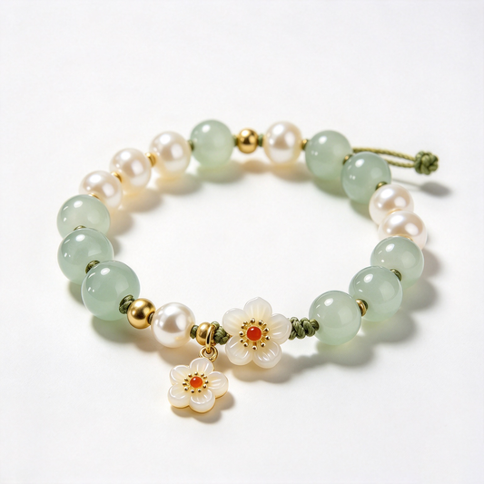 Light Green Stone and Pearl Floral Charm Adjustable Bracelet