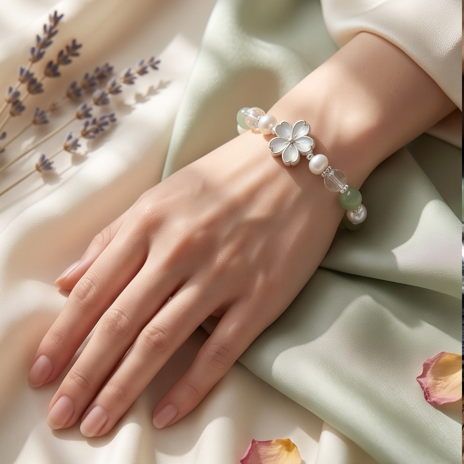 Pale Green and Crystal Floral Charm Bracelet
