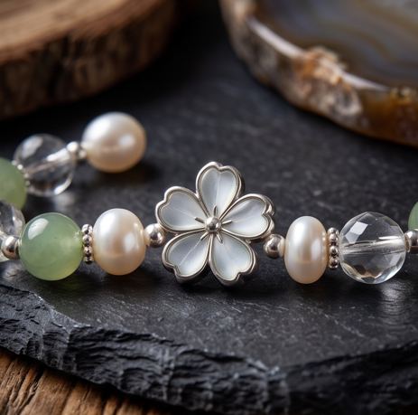 Pale Green and Crystal Floral Charm Bracelet