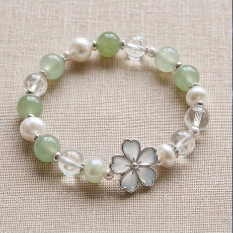 Pale Green and Crystal Floral Charm Bracelet