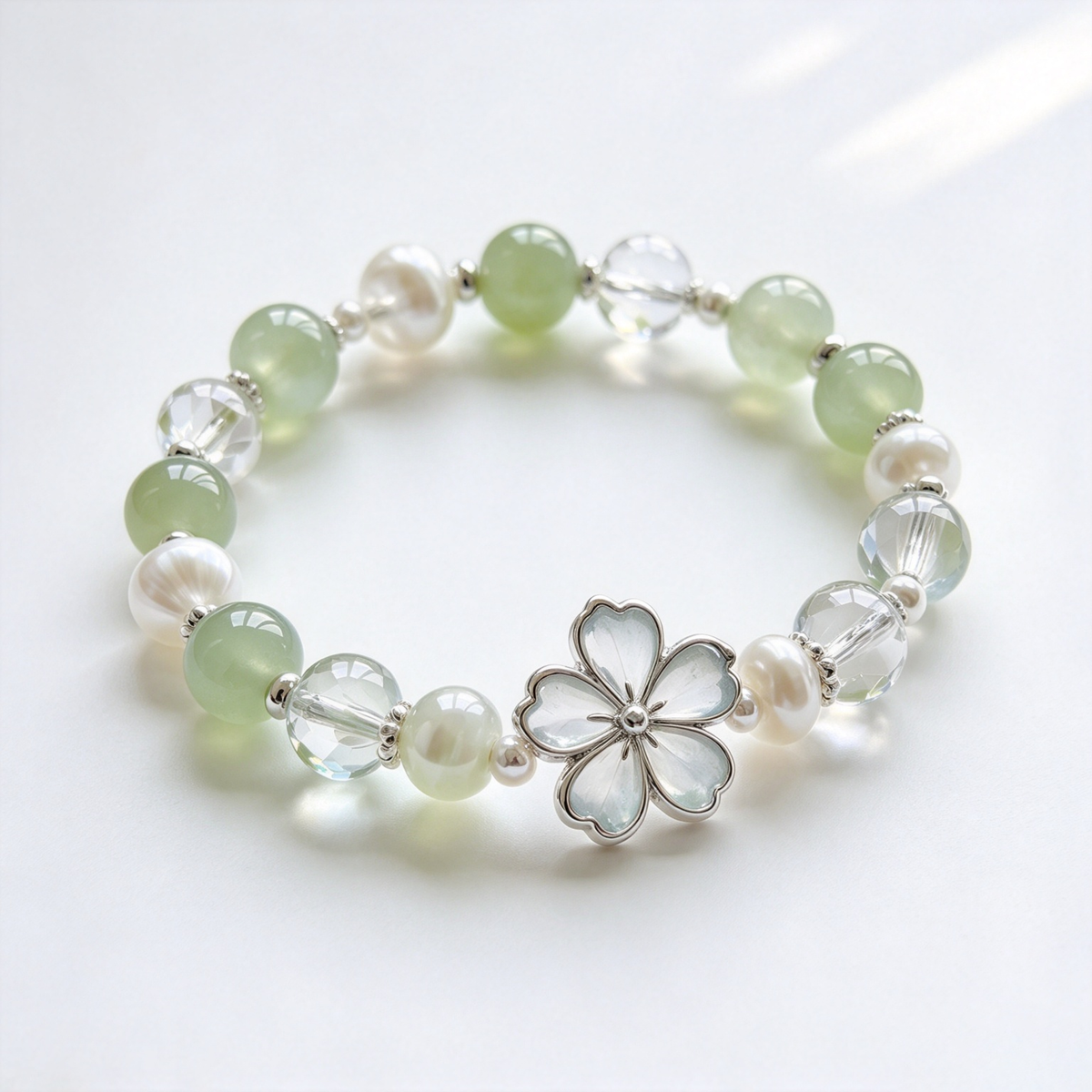 Pale Green and Crystal Floral Charm Bracelet